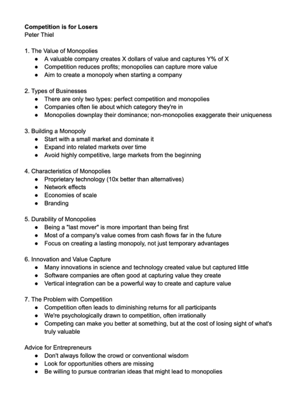 Summary notes of Peter Thiel's Competition is for Losers framework