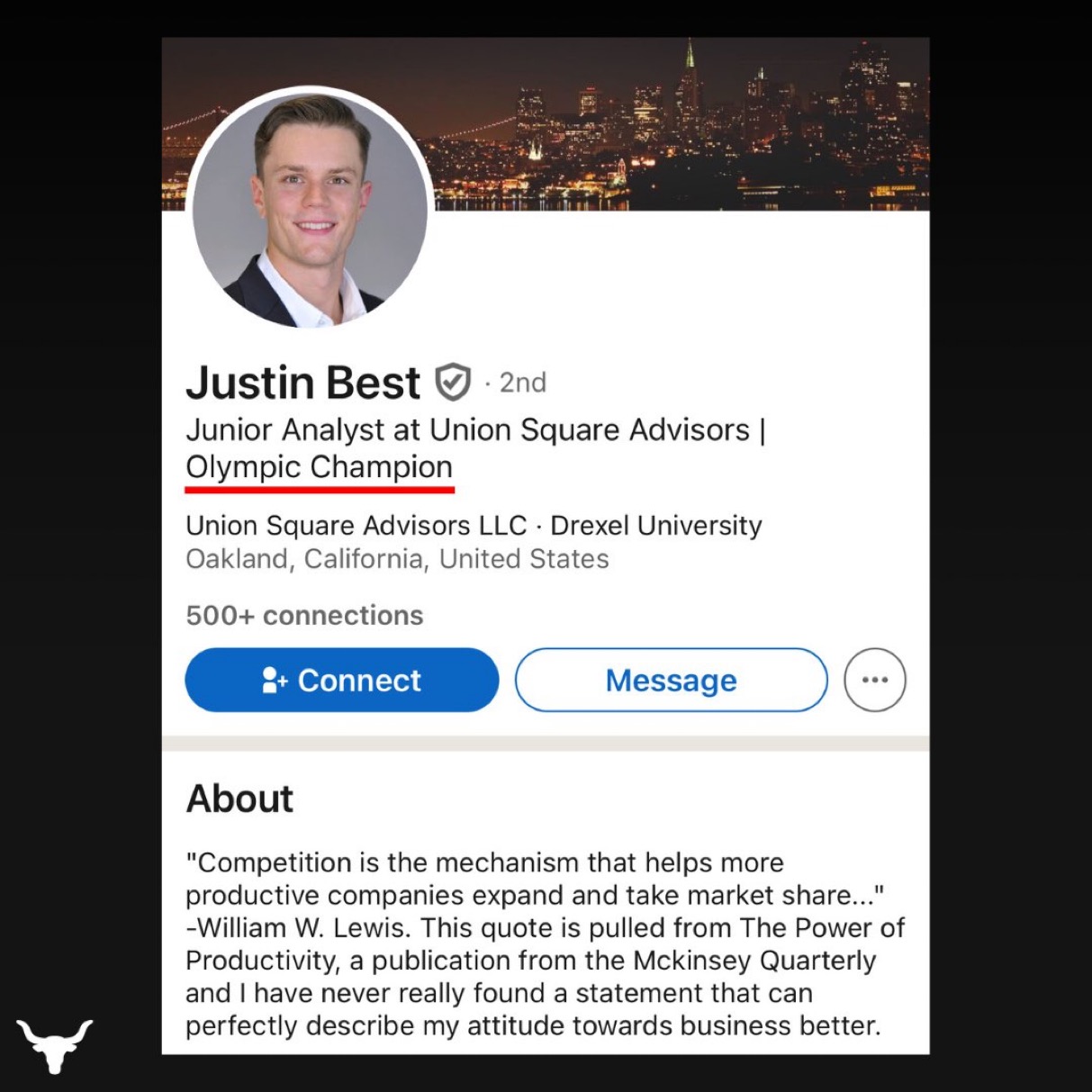 LinkedIn profile of Justin Best: Junior Analyst at Union Square Advisors, Olympic Champion