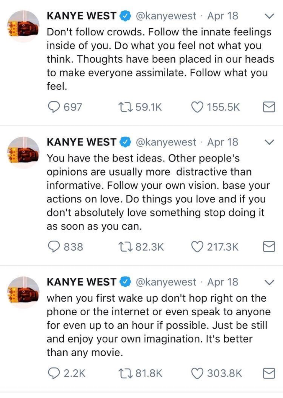 Kanye West tweets about not following crowds and following your own vision