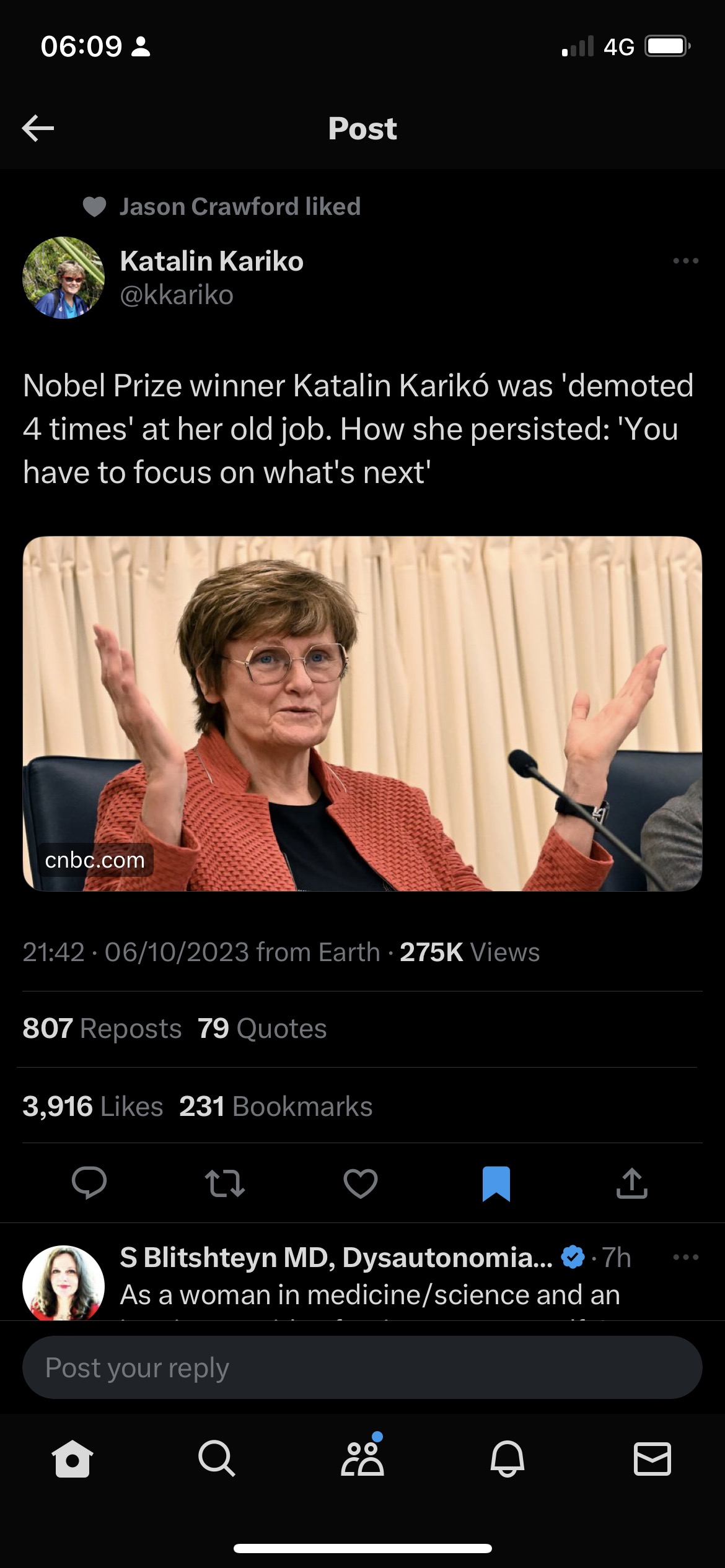 Tweet about Nobel Prize winner Katalin Kariko being demoted 4 times