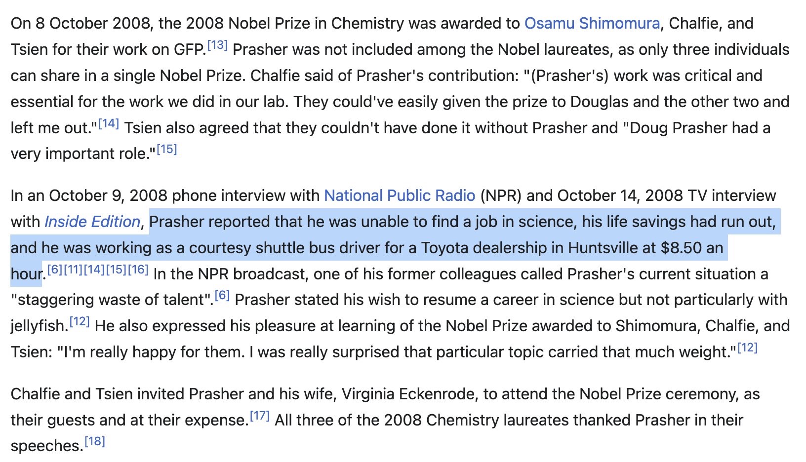 Wikipedia article about Douglas Prasher and the Nobel Prize